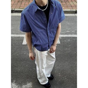 蓝格纹抽绳短袖衬衫夏季百搭短宽版型男女上衣miu系 C7013图片
