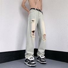 破洞牛仔裤男女欧美宽松直筒裤夏季拖地乞丐N0303-P40，男装牛仔裤，星座308B-1
