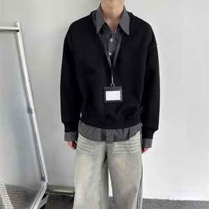 美式潮牌小众时髦高街假两件翻领卫衣衬衫拼接层次感上衣图片