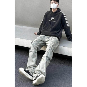 复古多口袋工装直筒牛仔裤男女宽松微喇显瘦休闲长裤 N178图片