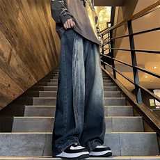 牛仔裤秋季美式高街复古高级感痞帅拼接水洗宽松直筒阔腿长裤，男装牛仔裤，星座716-4