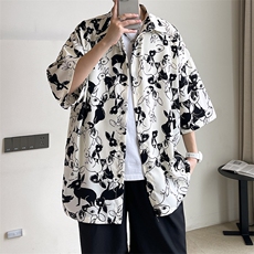 春夏宽松兔子印花男女情侣短袖休闲衬衫A071-C61-P38，男装T恤，电商A071