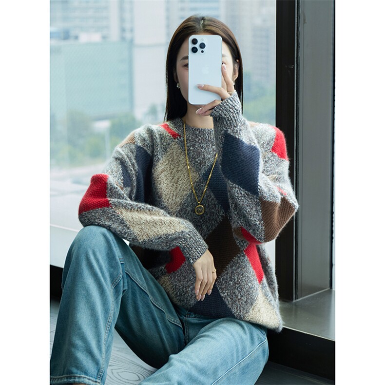 2024秋季新款嵌花菱形格35%羊绒套头衫,女装羊绒衫,兴泰羊绒