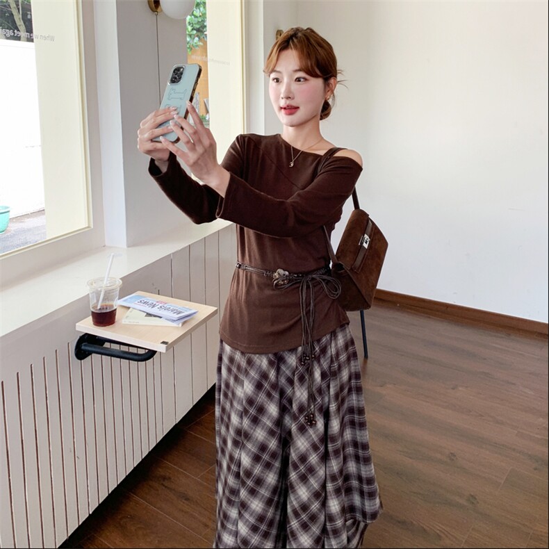 精针织衫+格子半身裙两件套装2C267-925两件套p165-k238,女装套装/套裙,茵姿媚