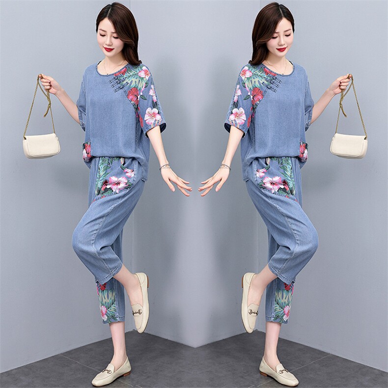 现货！天丝牛仔拼接套装女2024夏季新款洋气优雅气质两件套,女装套装/套裙,魅影