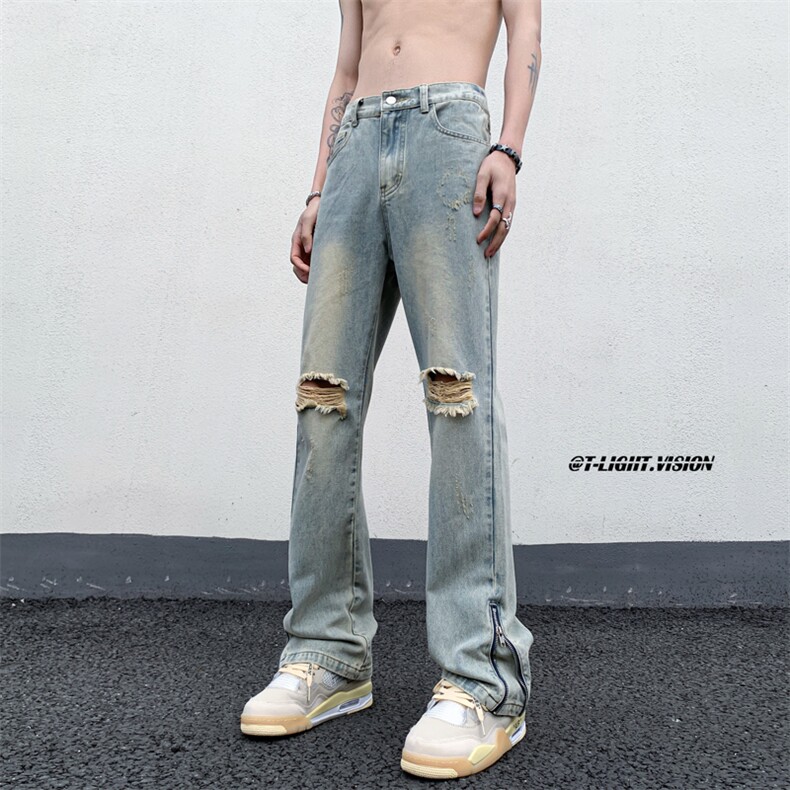B221美式ins高街暗黑小众拉链破洞牛仔裤LK23076-P65控88,男装牛仔裤,电商B221