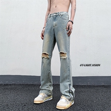 B221美式ins高街暗黑小众拉链破洞牛仔裤LK23076-P65控88，男装牛仔裤，电商B221