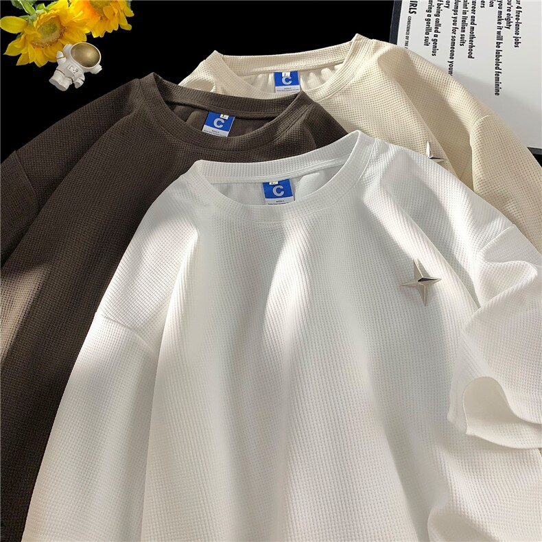 夏装2025新款港风宽松华夫格短袖T恤夏季重磅五分半袖男装S300P25,男装T恤,电商A233-1