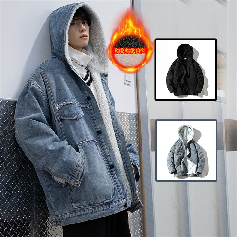 A609冬休闲加绒牛仔棉衣外套夹克加厚保暖防寒棉服羊羔毛绒连帽潮图片