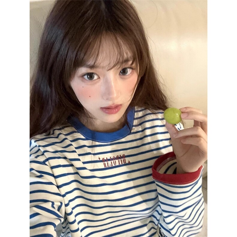 撞色条纹圆领长袖T恤女2025春秋新款韩版宽松内搭打底衫体恤上衣,男装T恤,星座506A