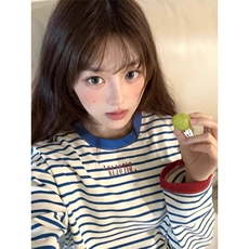 撞色条纹圆领长袖T恤女2025春秋新款韩版宽松内搭打底衫体恤上衣，男装T恤，星座506A