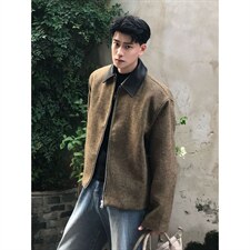 美式复古老钱风pu皮拼接短款夹克男秋冬季高级感cleanfit毛呢外套，男装夹克，四季星座505