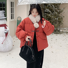 温柔风毛领红色羽绒服女冬季2025新款超好看流行短款甜美风爆款，女装羽绒服，2C236