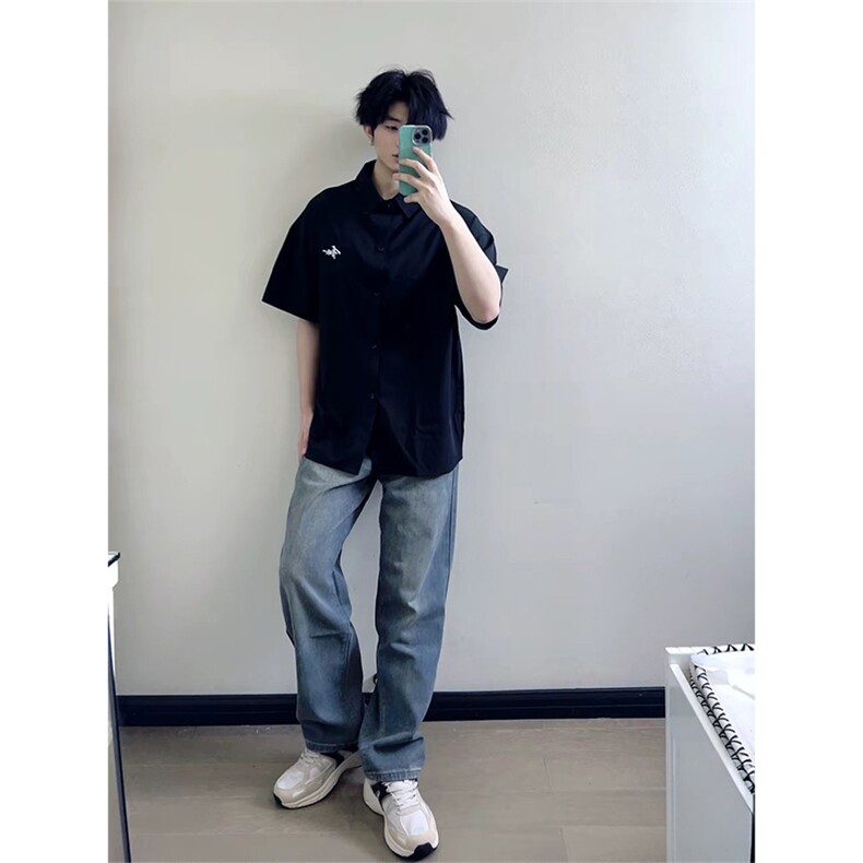抖音得物高品质夏季冰丝休闲衬衫美式垂感宽松衬衫短袖ADT2101,男装T恤,电商A443