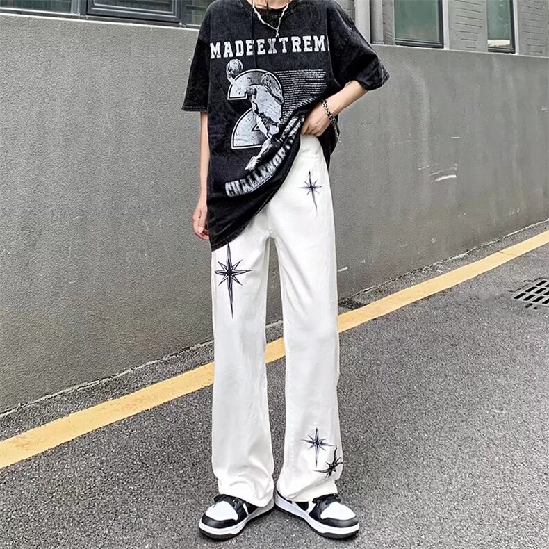 潮新款休闲裤男女街头嘻哈宽松情侣直筒长裤刺绣星星ZG01P45,男装牛仔裤,星座1116-2