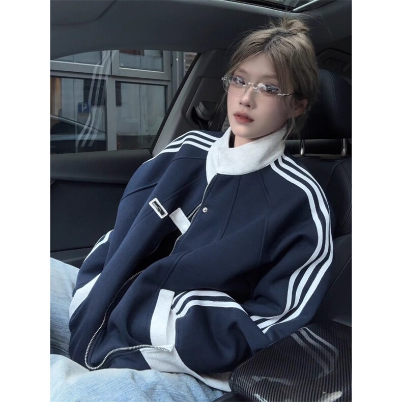 W47美式拼接运动夹克男慵懒潮牌百搭情侣外套高街痞帅条纹棒球服图片