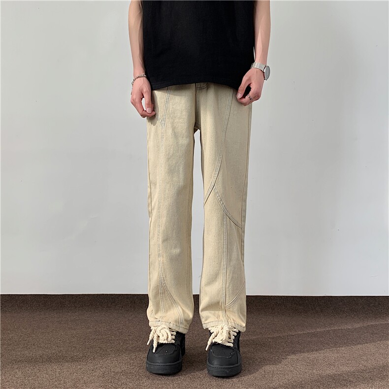 美式复古泥黄色做旧拼接牛仔裤男长裤宽松直筒裤子8008/p48,男装牛仔裤,电商B381-1