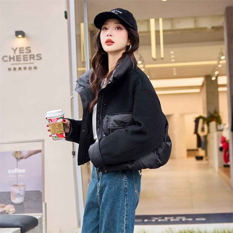立领毛呢拼接白鸭绒羽绒服女2025冬季时尚短外套大翻领,女装羽绒服,梦懿尔