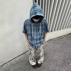 格子短袖衬衫男夏季日系复古宽松休闲五分袖衬衣美式高街潮牌外套，男装衬衫，星座506A