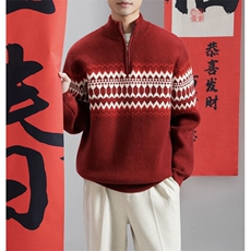 宽松复古半拉链套头针织衫男2025秋冬老钱圣诞费尔岛毛衣3210/P88，男装针织衫/毛衣，电商A243