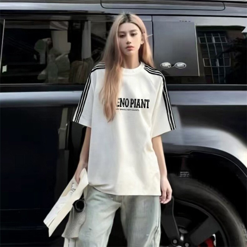 抖音得物品质二开240克宽松纯棉美式潮牌印花三条杠中性风短袖T恤,男装T恤,电商A486