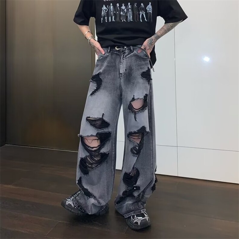 美式破洞设计感牛仔裤男款潮牌阔腿裤夏季薄款长裤DA33-P46，男装牛仔裤，星座208-5