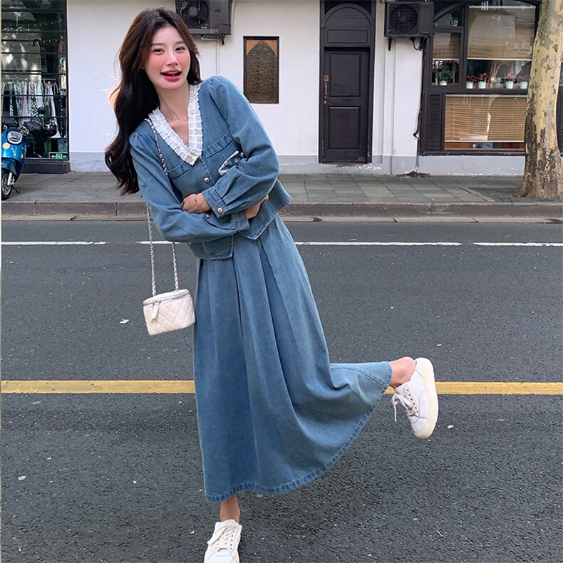 ZB305-9955牛仔花边长袖半裙套装批165控238,女装套装/套裙,浙宝305