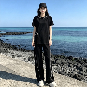 潮流设计感钉珠开叉长款T恤套装女夏季新款时尚显瘦阔腿裤两件套图片 潮流设计感钉珠开叉长款T恤套装女夏季新款时尚显瘦阔腿裤两件套图片