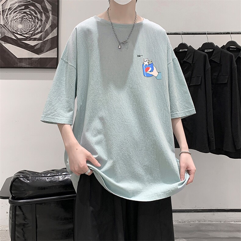 YT26262-P30亚麻短袖t恤男大码五分袖男宽松七分袖港风模特,男装T恤,电商A040