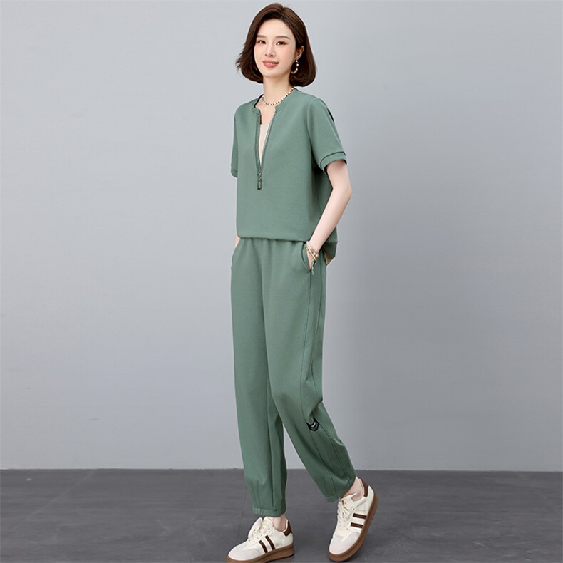 薄款休闲运动服套装女夏装2025夏季新款跑步服妈妈时尚洋气两件套,女装套装/套裙,独衣靓