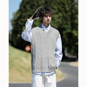 韩系叠穿复古麻花针织衫马甲男学院风早秋穿搭上衣服背心9097P58图片