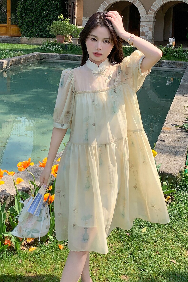 新中式印花天丝连衣裙女2024夏新款国风盘扣甜美文艺A字娃娃裙裙,女装连衣裙,浙宝285（原212）