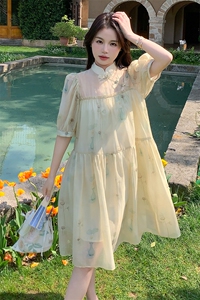 新中式印花天丝连衣裙女2024夏新款国风盘扣甜美文艺A字娃娃裙裙图片