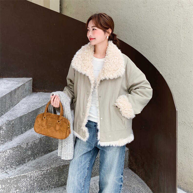 浅卡其色时髦百搭工装棉服外套女2025冬季新款加绒加厚保暖派克服图片