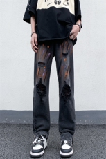 B221美式ins高街暗黑小众拉链喷墨破洞牛仔裤LK23085-P65控88，男装牛仔裤，电商B221