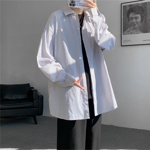 春夏条纹衬衫男长袖薄款痞帅高级感宽松慵懒风大码衬衣CS29003P45图片