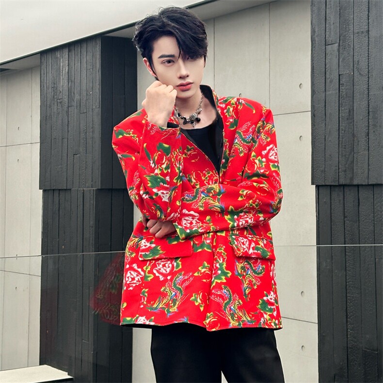 （自家图）小众双面两穿西装东北大花印花中山装外套1201-P108，男装西服套装，星座910-5