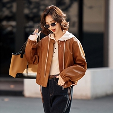 BK时尚油蜡磨砂皮女立领小个子短款海宁皮衣夹克外套2026春秋新款，女装皮衣，潮流依族