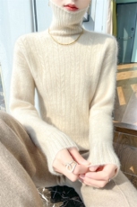 高领加厚100%纯羊毛衫女纯色麻花长袖针织毛衣宽松慵懒羊绒打底衫，女装羊毛衫，暮绒羊羊绒