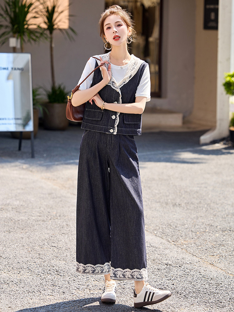 小香风牛仔套装女2025夏季新款高级感韩里韩气蕾丝马甲阔腿裤穿搭,女装套装/套裙,艾仟回(原伊仟回)