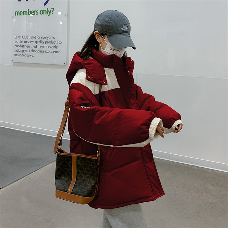 粉色羽绒服女小个子2023冬季新款休闲宽松撞色白鸭绒保暖加厚外套,女装羽绒服,2C293