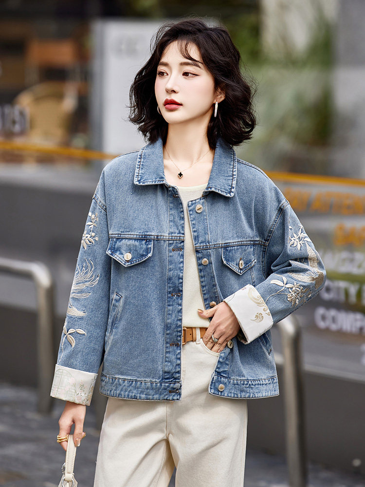 牛仔刺绣外套女春秋2025新款小个子短款百搭时尚洋气休闲夹克上衣,女装短外套,靓衣阁