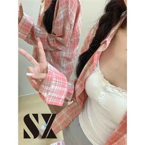 甜美粉色宽松长袖衬衫女秋装2025新款慵懒气质衬衣POLO领上衣外套图片