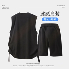 夏季套装男宽松休闲运动冰丝背心圆领T恤短裤运动套装JZ3265-P58，男装休闲套装，星座310B-3