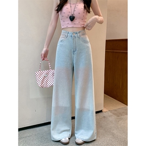 AK2219-P70美式复古烫钻牛仔裤女新款街头晕染宽松阔腿长裤
