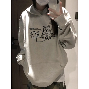 C310-P55 手绘线条狗印花连帽卫衣 学生情侣男女上衣图片
