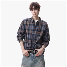 衬衫男春季新款港风宽松大码磨毛格子长袖衬衣CS618-P35，男装衬衫，星座214-3