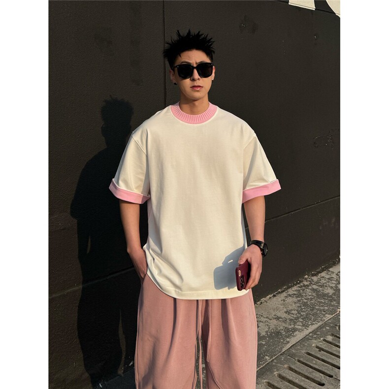 撞色T恤男美式潮流百搭宽松休闲纯棉圆领短袖T恤9111-TP55,男装T恤,电商A089-1