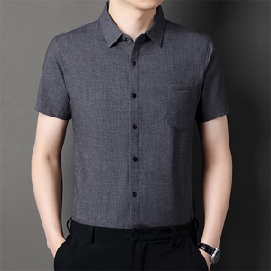 短袖衬衫男翻领纯色上衣服夏季中年男士休闲百搭半袖衬衣爸爸装图片