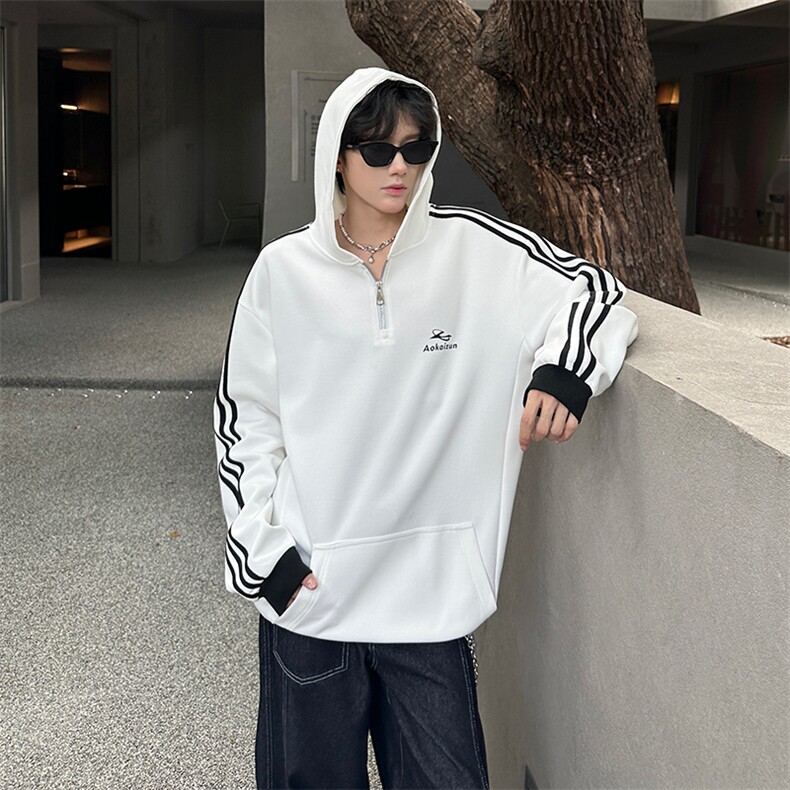 秋季宽松休闲连帽半拉链卫衣长袖条纹三条杠外套XZ808B-WH087-P48，女装短外套，星座808B